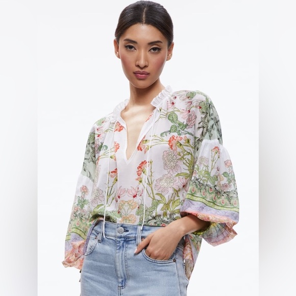 New! Alice + Olivia Julius Floral Blouson Sleeve Tie Front Top 🌻 XS - Picture 2 of 10